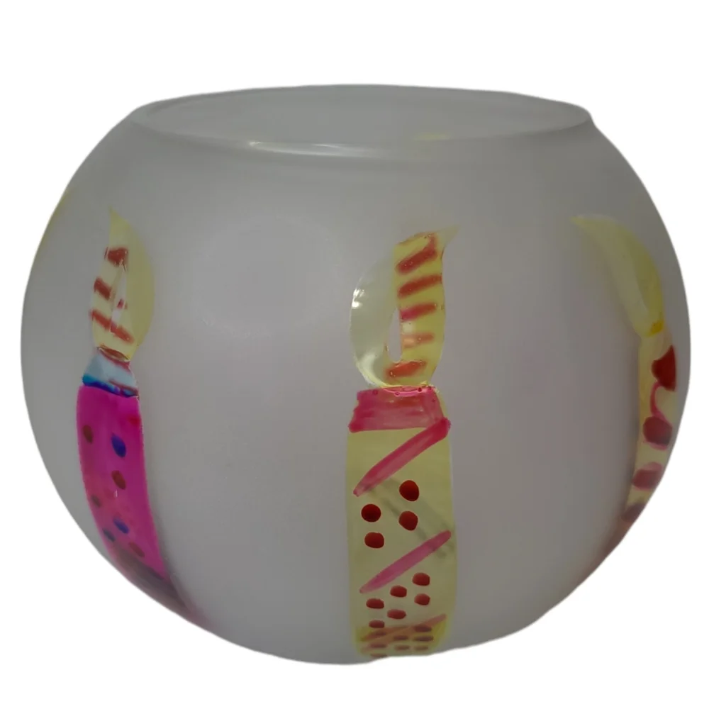 TeleFlora Circle Frosted Glass Vase Bowl w/‎ Multi-Color Hand Painted Candles